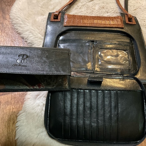 Vintage Bellerose Brown Croc Black Shoulder‎ Bag Purse Wallet Attached Leather - Picture 10 of 15